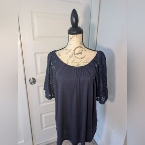 Suzanne Betro Lace Sleeve Women's Navy Blouse Size L